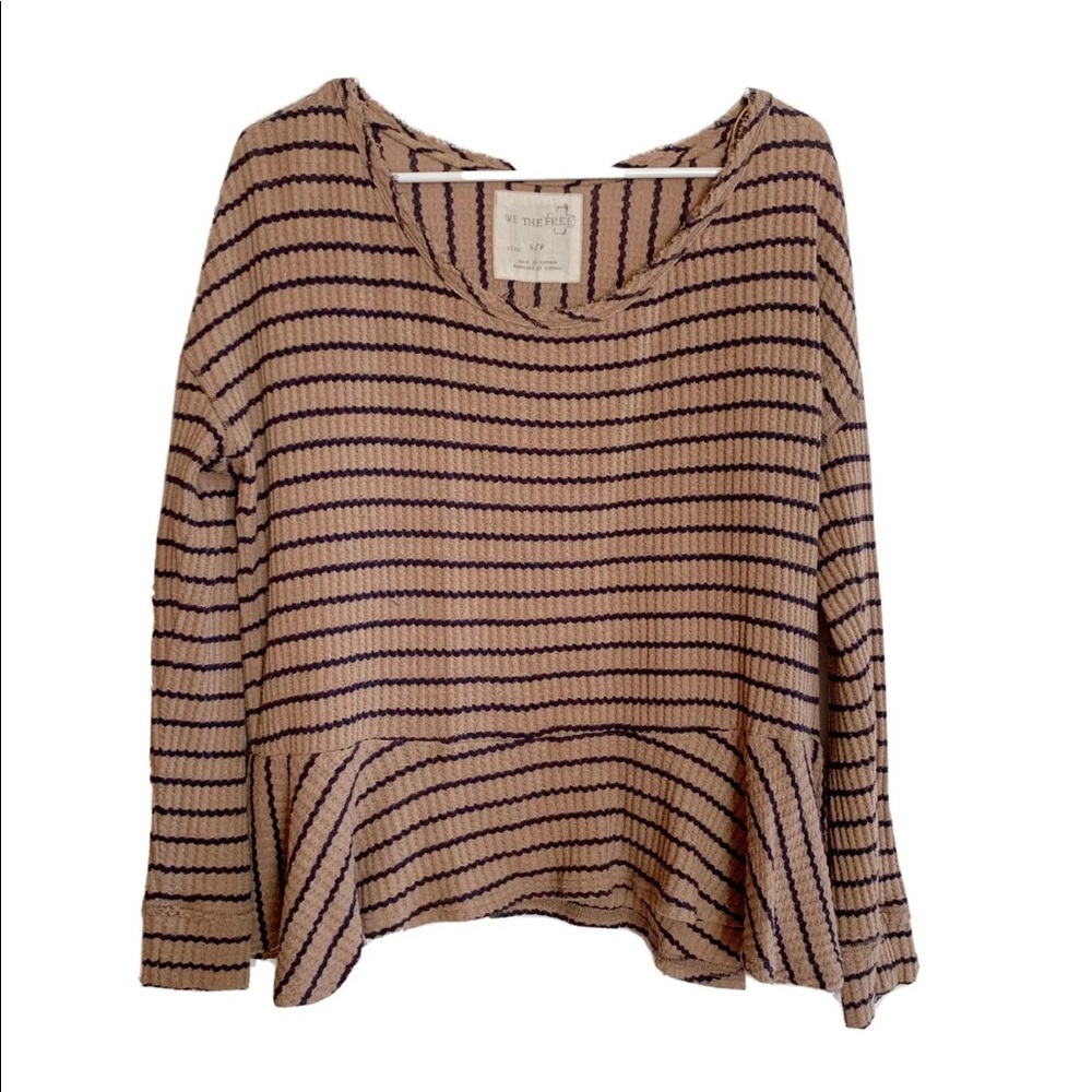 WE THE FREE PEOPLE Women's Auntie Em Peplum Thermal Top Size Small Tan Striped